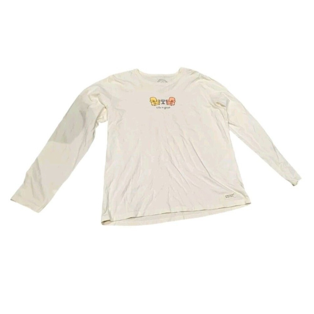 Women's Life is Good Tshirt Large Cream White Long Sleeve Coffee Chairs